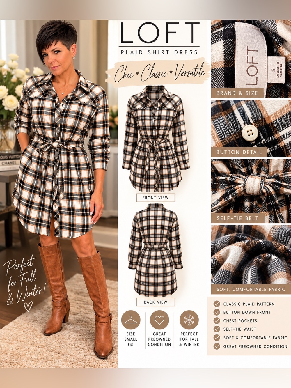 LOFT Plaid Belted Shirt Dress Small | Fall Western Chic